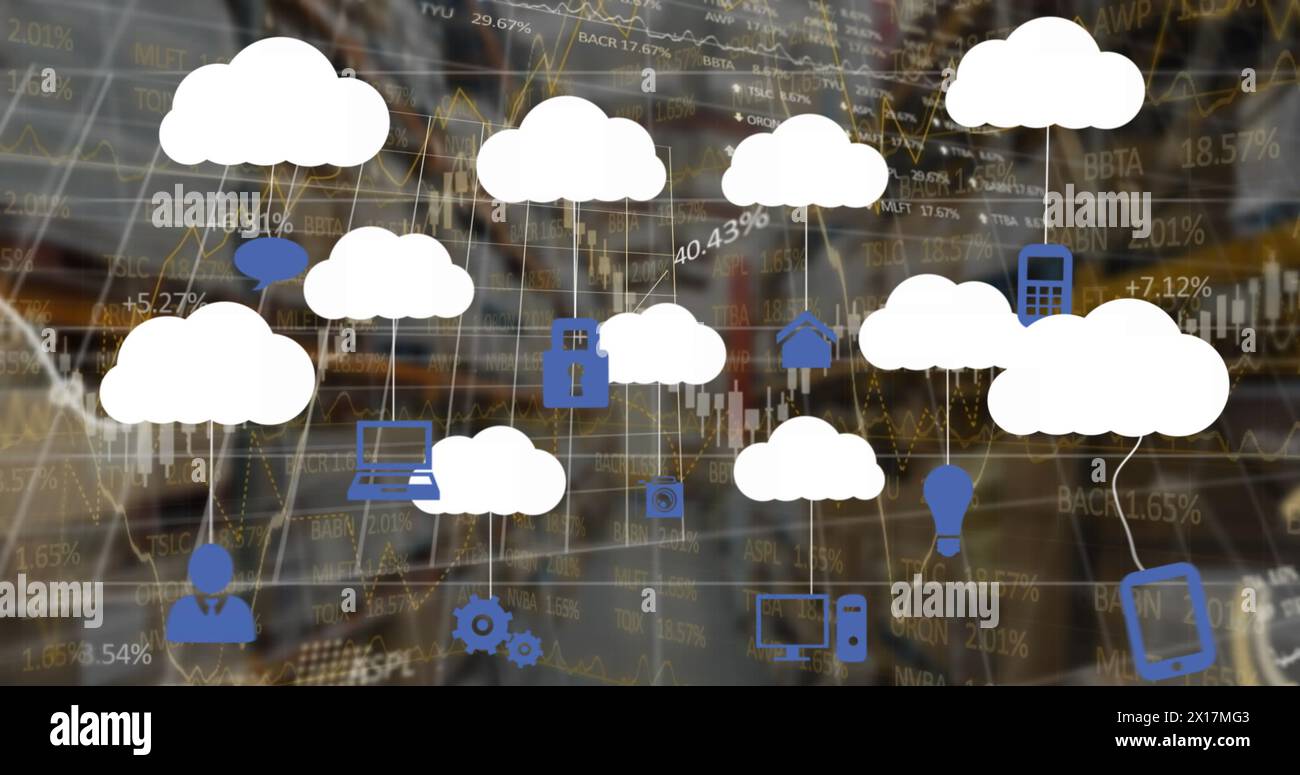 Image of cloud icons and data processing over warehouse Stock Photo
