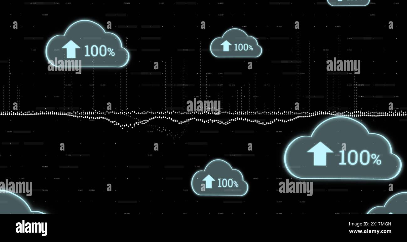 Image of cloud icons and data processing on black background Stock Photo