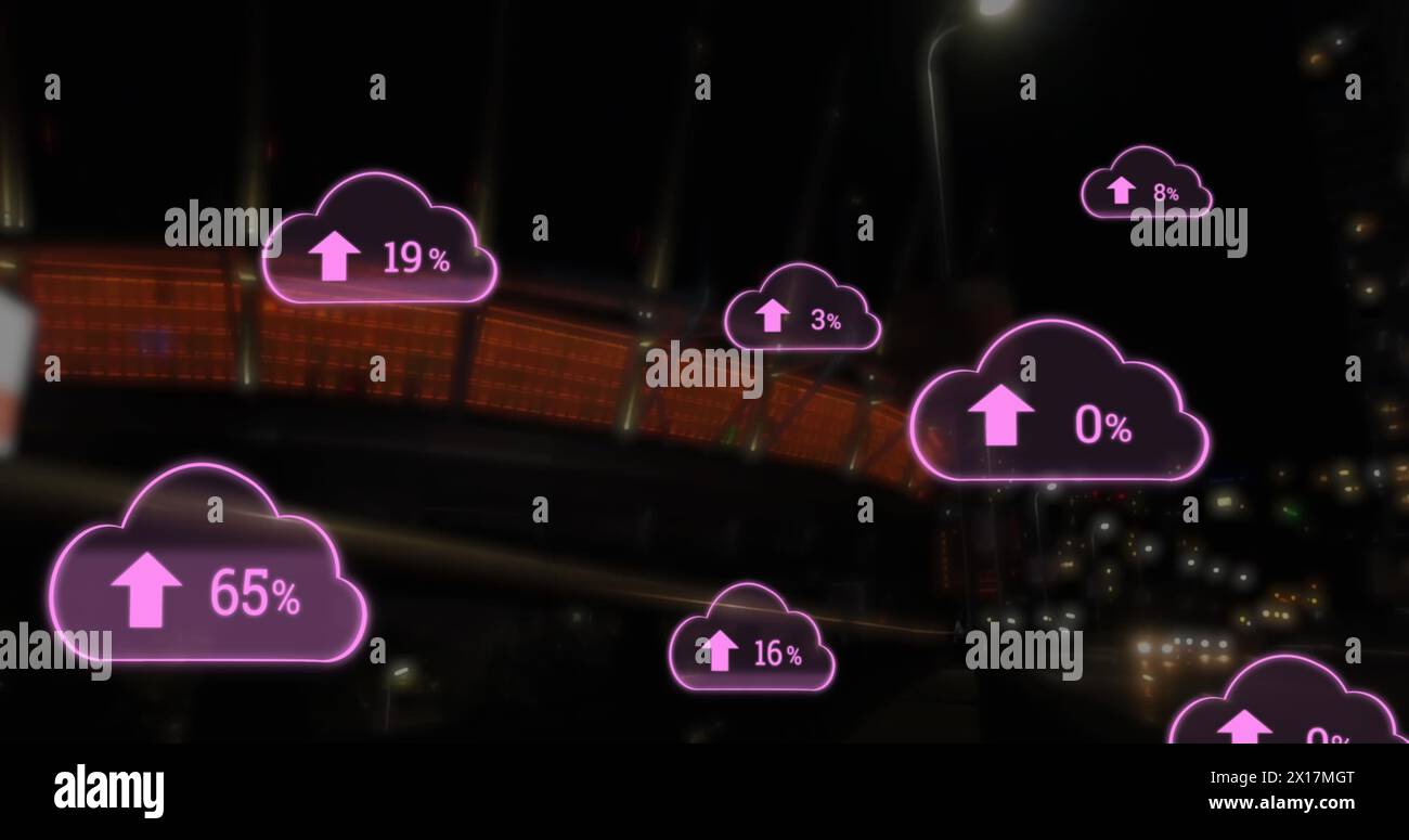 Image of cloud icons with numbers and data processing over stadium Stock Photo