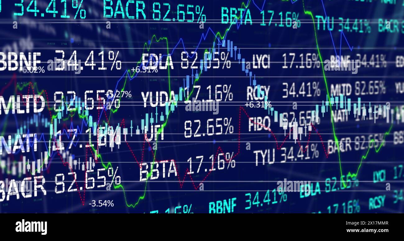 Image of financial data processing on black background Stock Photo