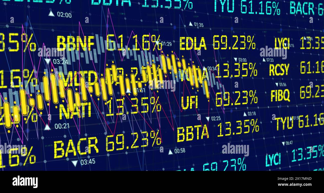 Image of financial data processing on blue background Stock Photo