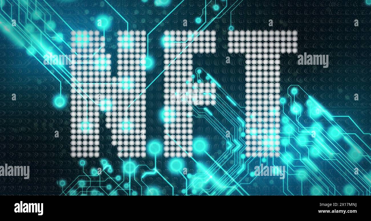 Image of illuminated nft text over electronic circuit board patterns Stock Photo