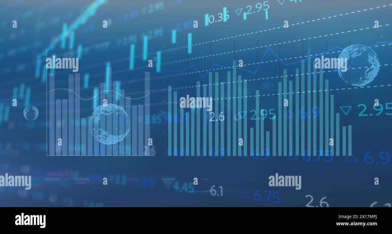 Image of bubbles and data processing over blue background Stock Photo