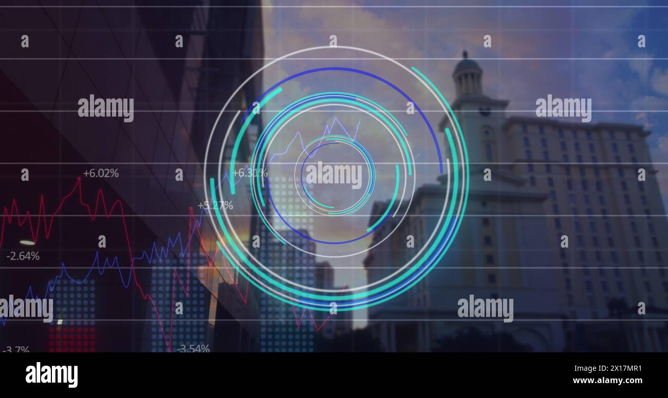 Image of scope scanning and data processing over cityscape Stock Photo