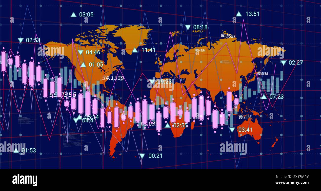 Image of financial data processing over world map on black background ...