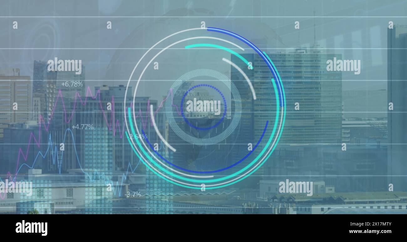Image of scope scanning and data processing over cityscape Stock Photo