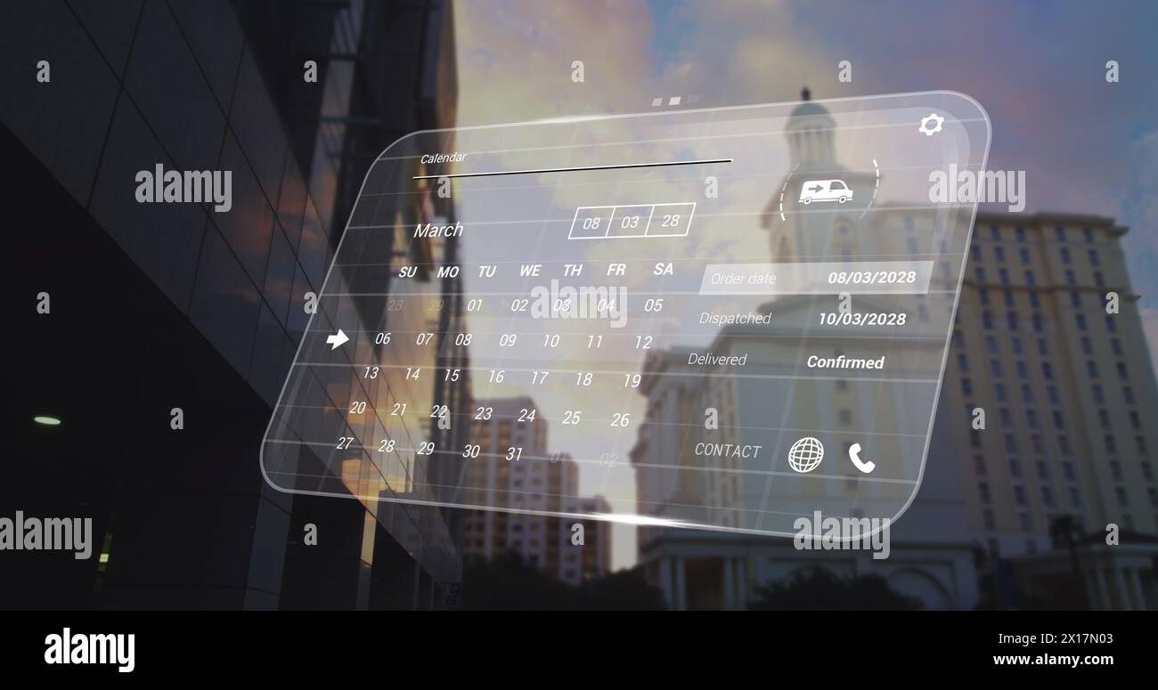 Image of digital interface with data processing over cityscape Stock Photo