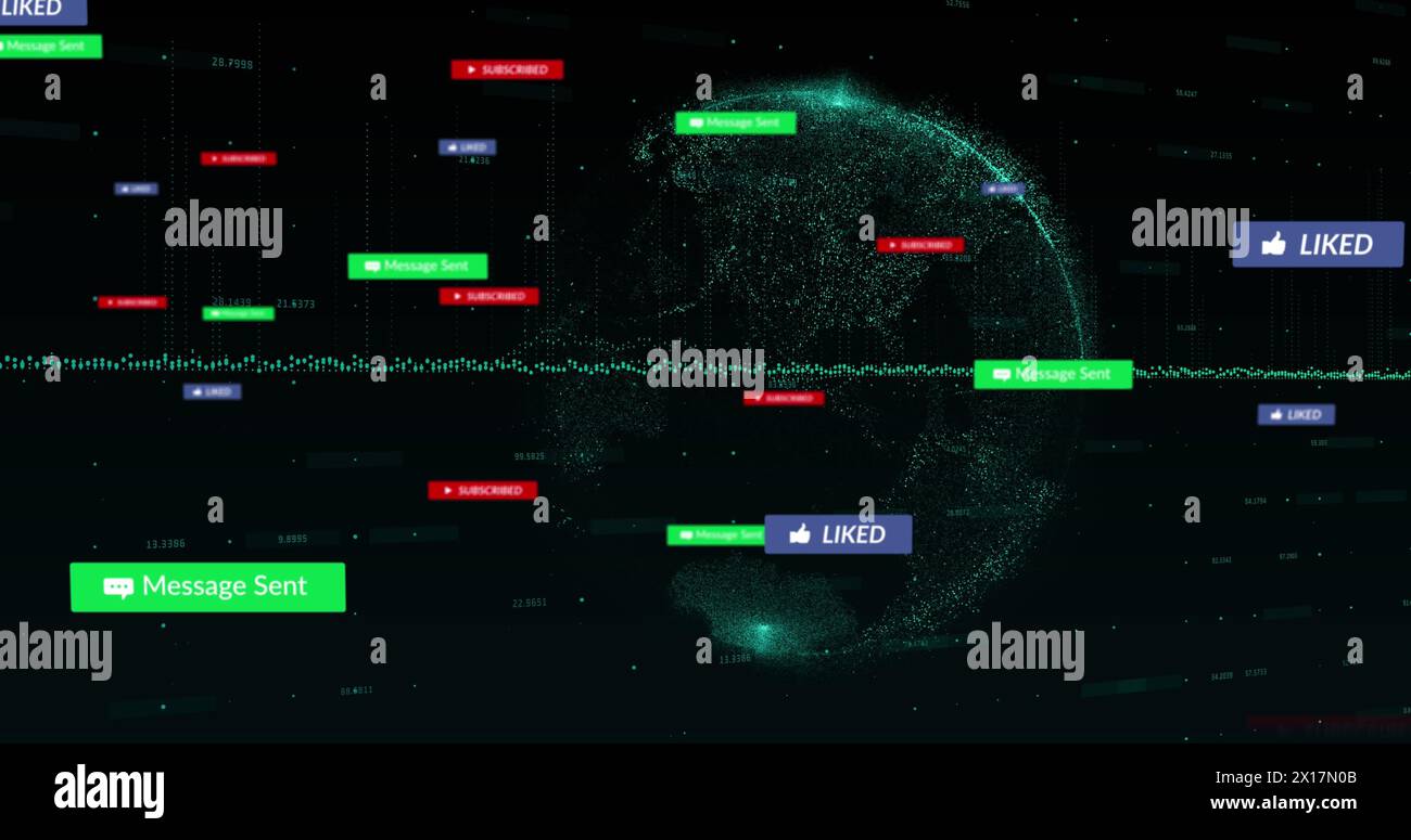 Image of multiple notification bars, graph and globe with numbers over ...