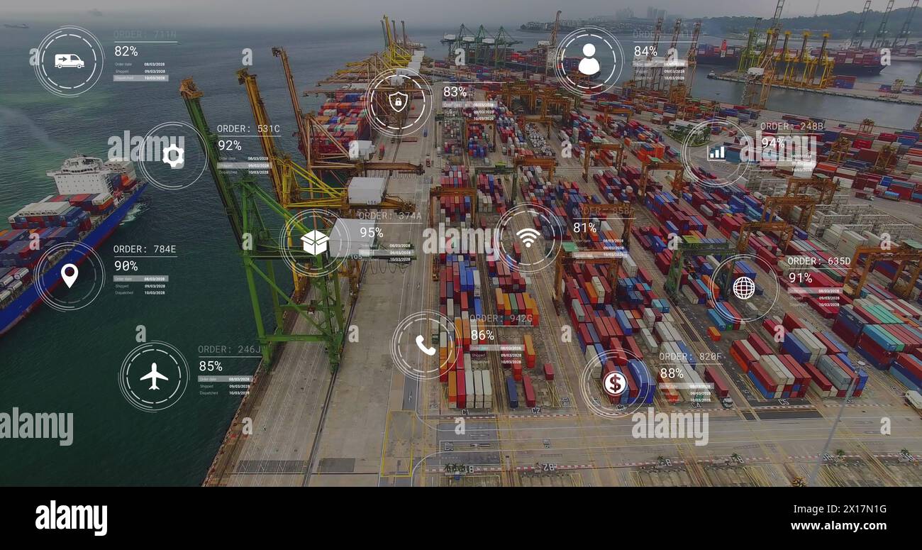 Image of icons with data processing over shipyard Stock Photo - Alamy
