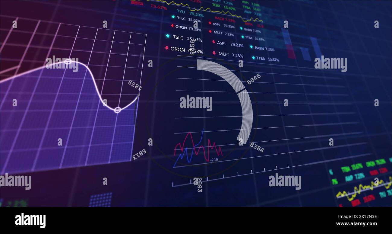 Image of financial data processing on black background Stock Photo