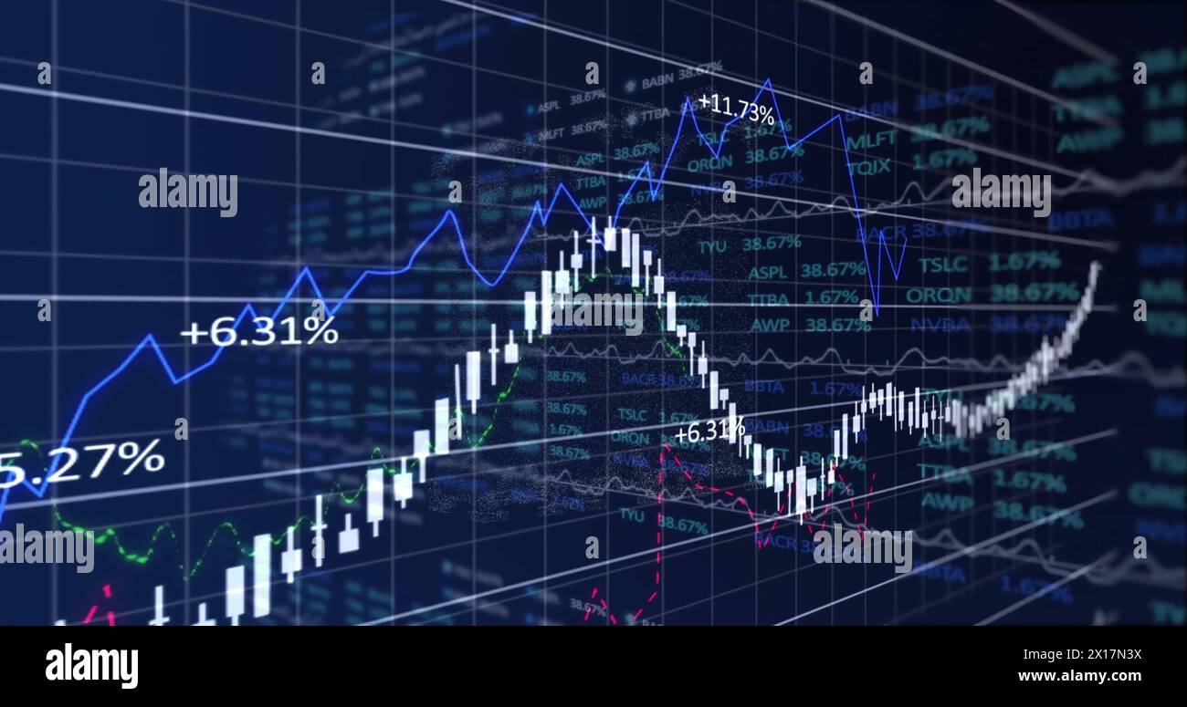 Image of financial data processing on black background Stock Photo