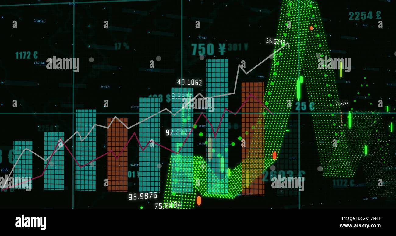 Image of financial data processing on black background Stock Photo