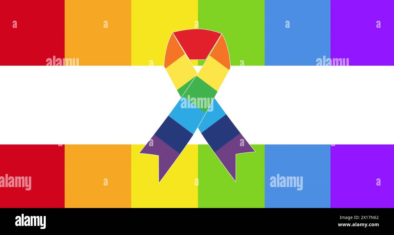 Image of rainbow ribbon over rainbow flag on white background Stock Photo