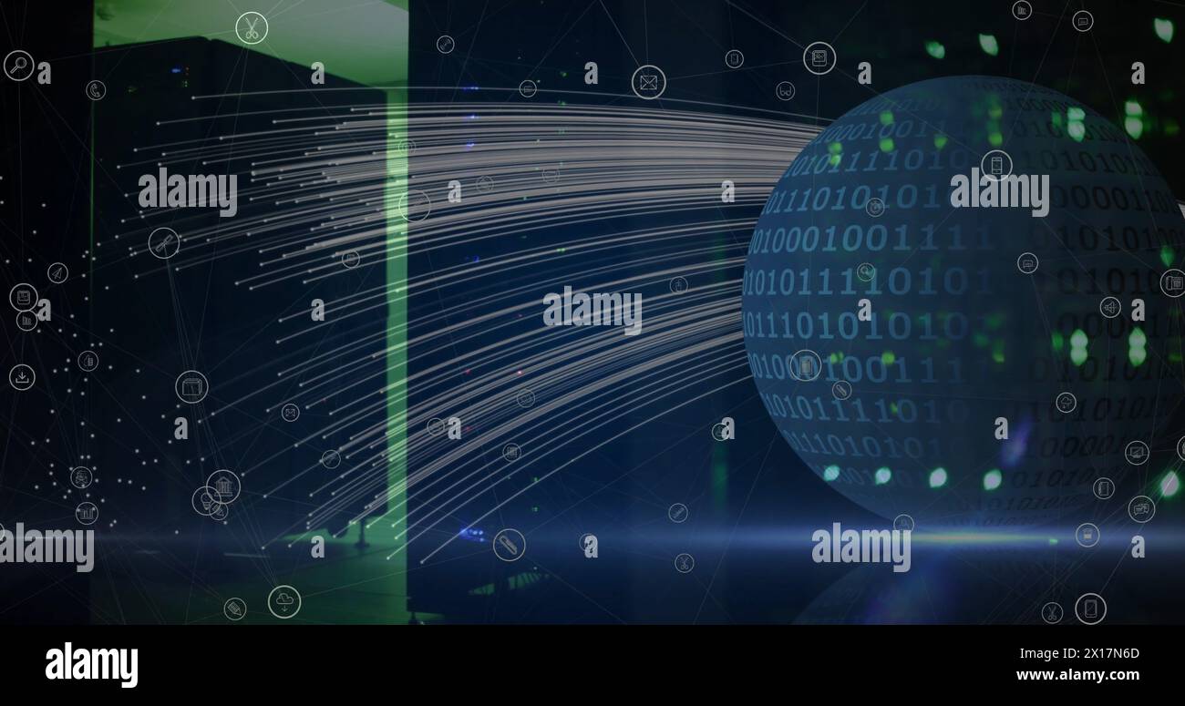 Image of globe of binary coding transferring data streams over dark computer server room Stock Photo