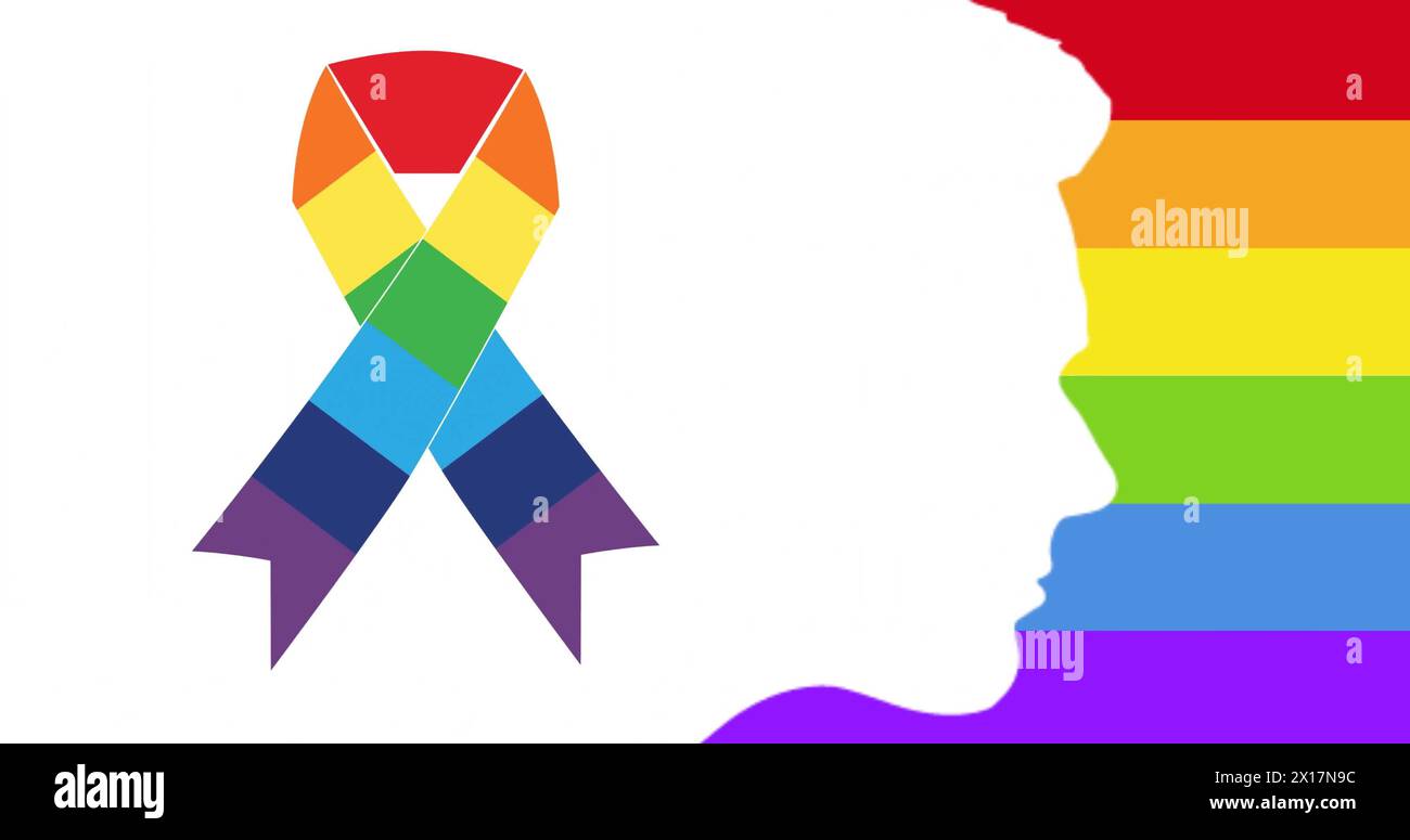 Image of rainbow ribbon and male profile over rainbow background Stock Photo