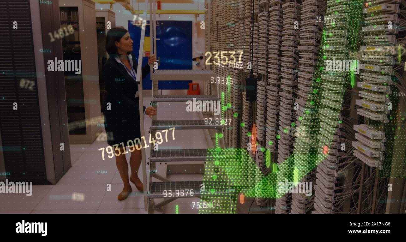 Financial data processing against caucasian female engineer working in server room Stock Photo