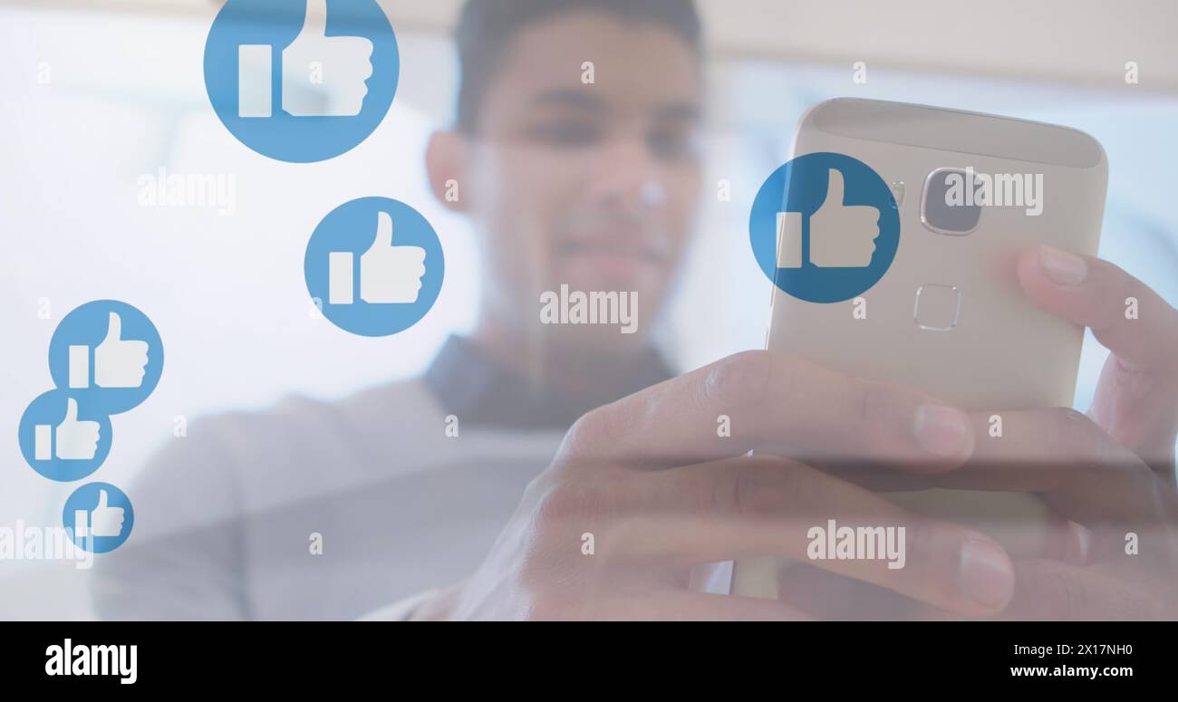 Image of digital clouds with percent going up over man using smartphone Stock Photo