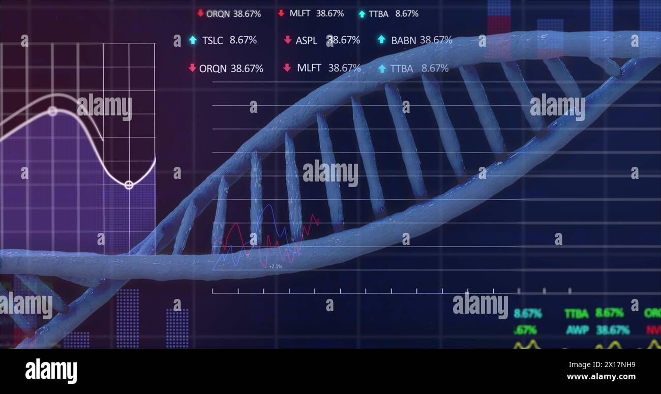Image of data processing over dna strand over dark background Stock Photo