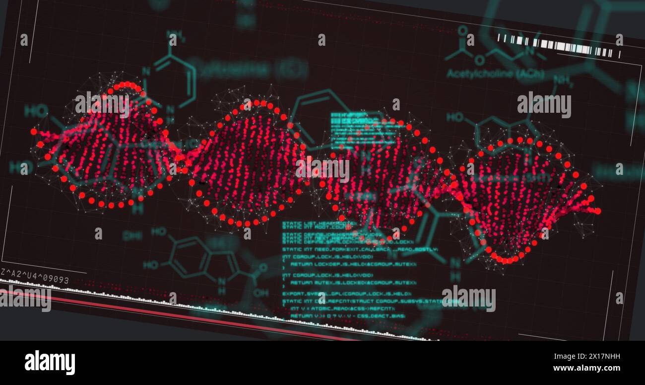 Image of dna strand spinning over chemical structures and data processing Stock Photo