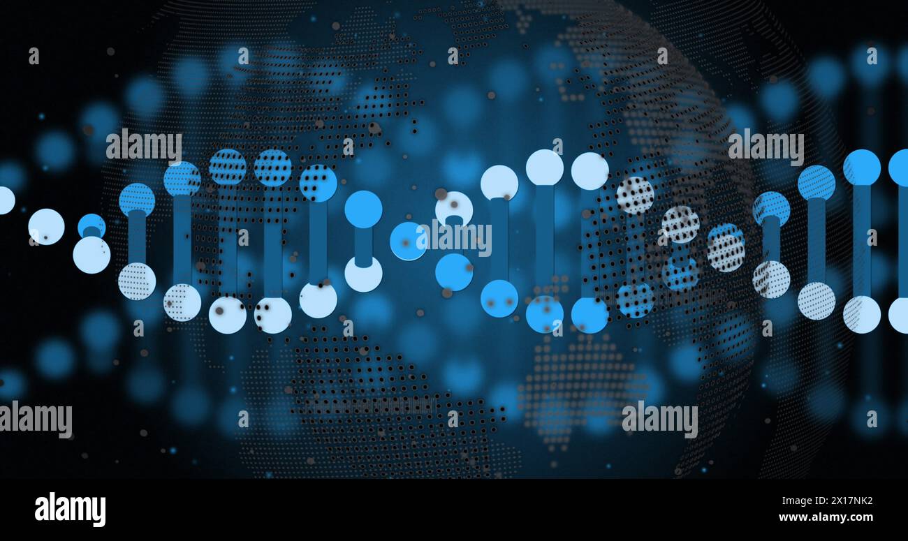 Image of dna strands spinning over globe and data processing Stock Photo