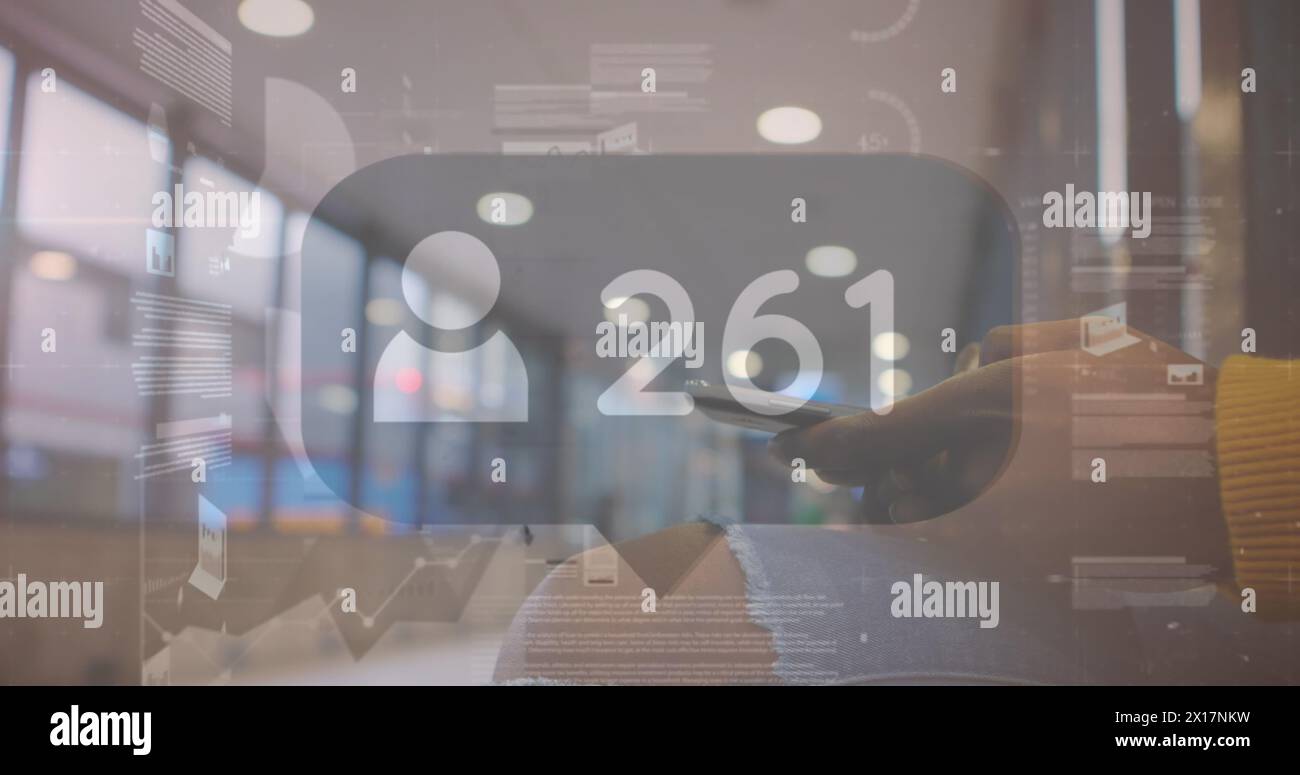 Digital interface with data processing against businessman and businessman working in office Stock Photo