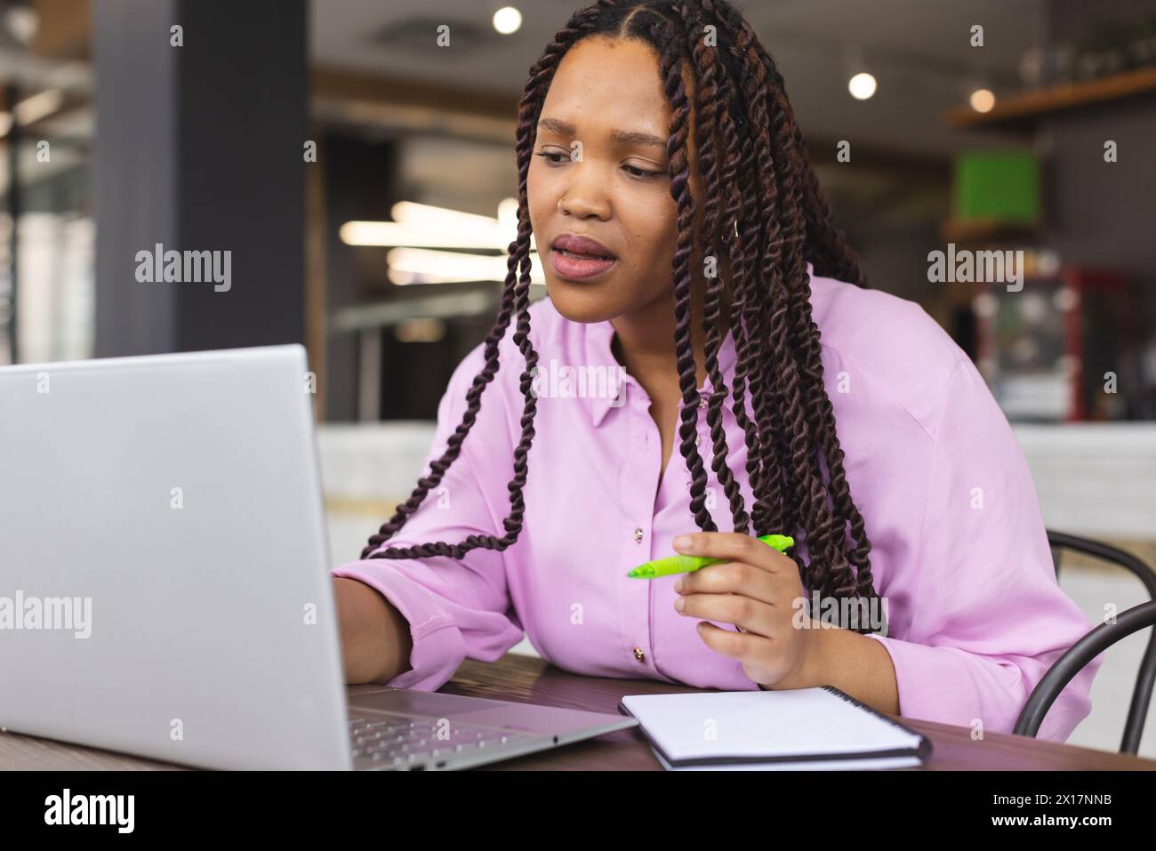 Young biracial woman with long braided hair working on laptop in a modern business office Stock Photo