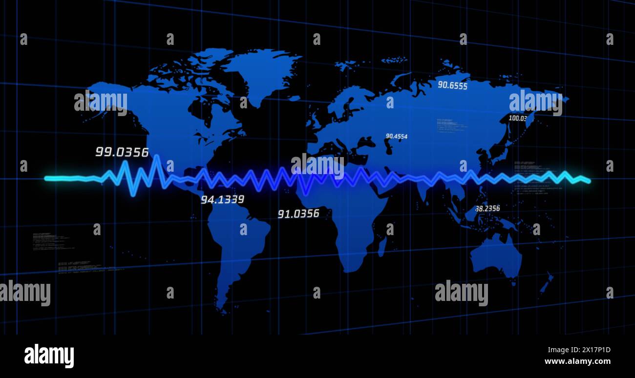 Image of data processing over world map on black background Stock Photo ...
