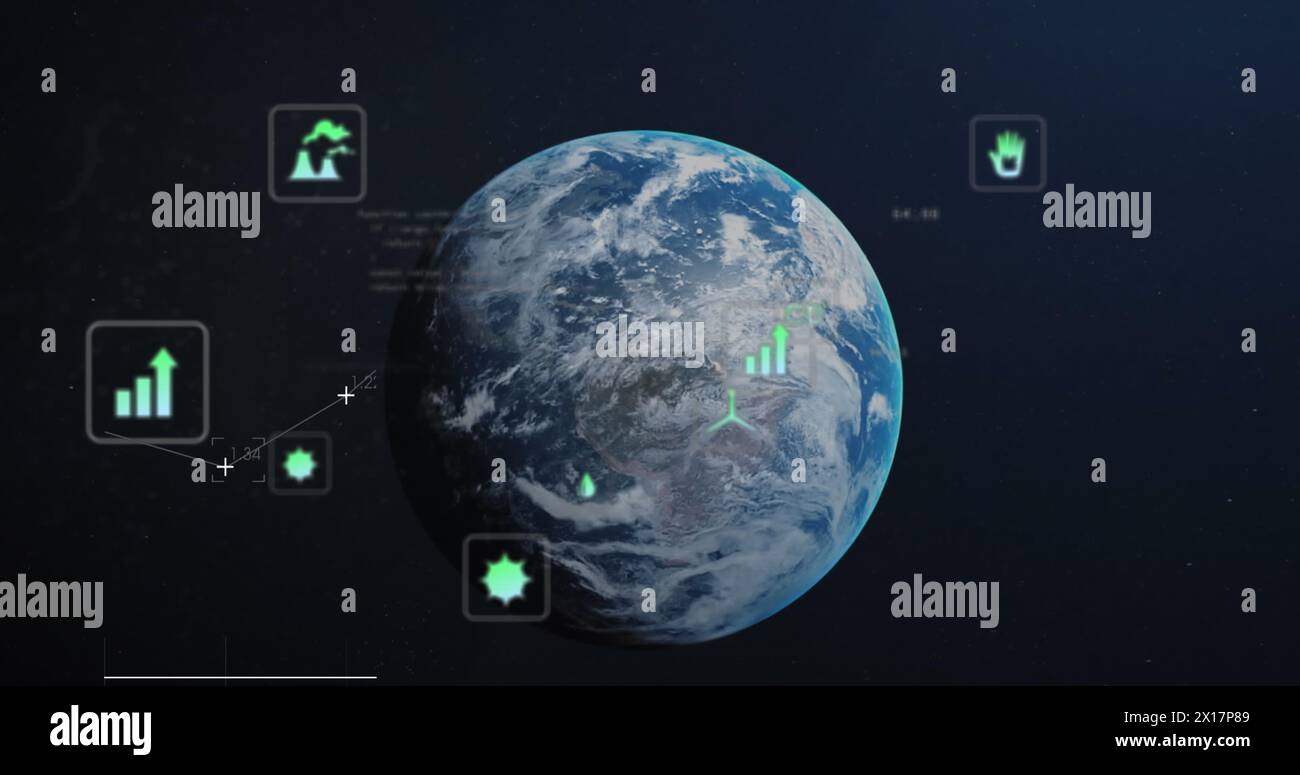 Image of digital icons and data processing over spinning globe against ...