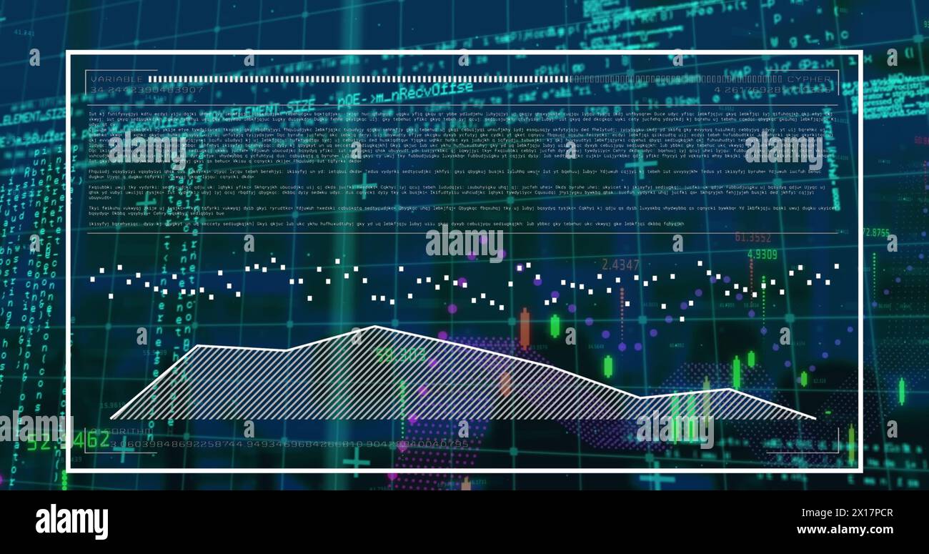Image of multiple graphs and computer language over abstract background Stock Photo