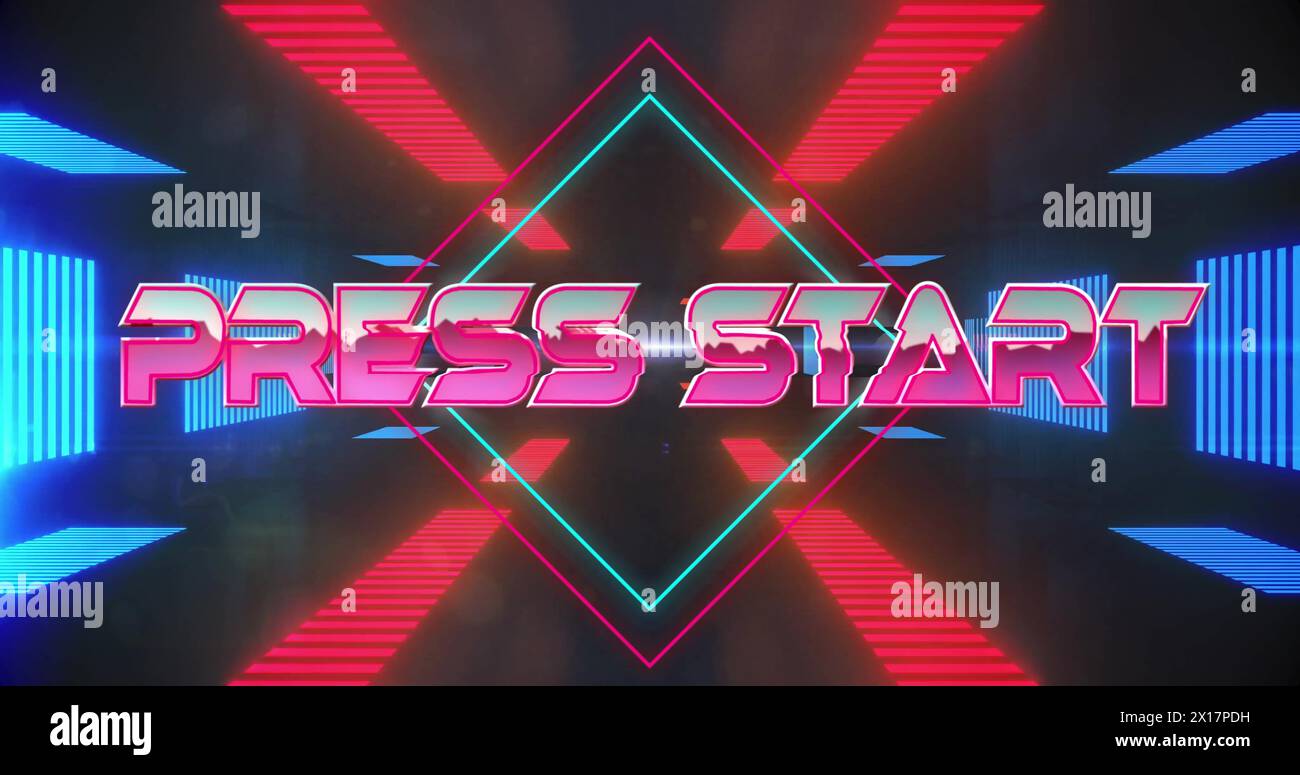 Image of press start text over neon pattern background Stock Photo