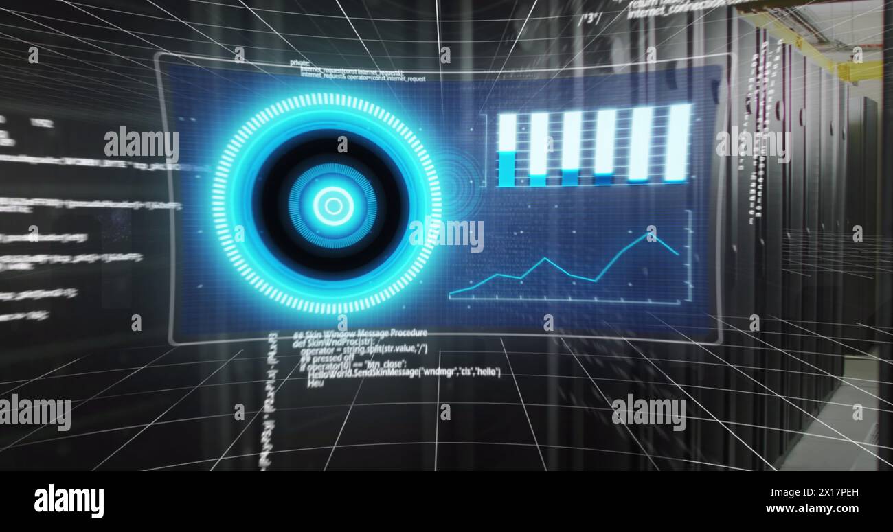Image of screens with data processing against computer server room Stock Photo