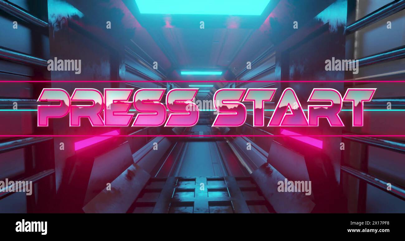 Image of press start text over neon pattern background Stock Photo