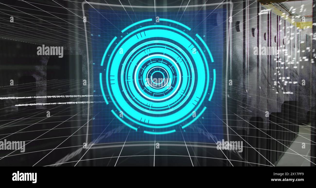 Image of screens with data processing against computer server room Stock Photo