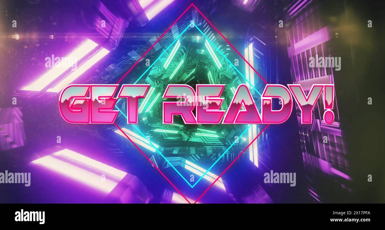 Image of get ready text over neon pattern background Stock Photo
