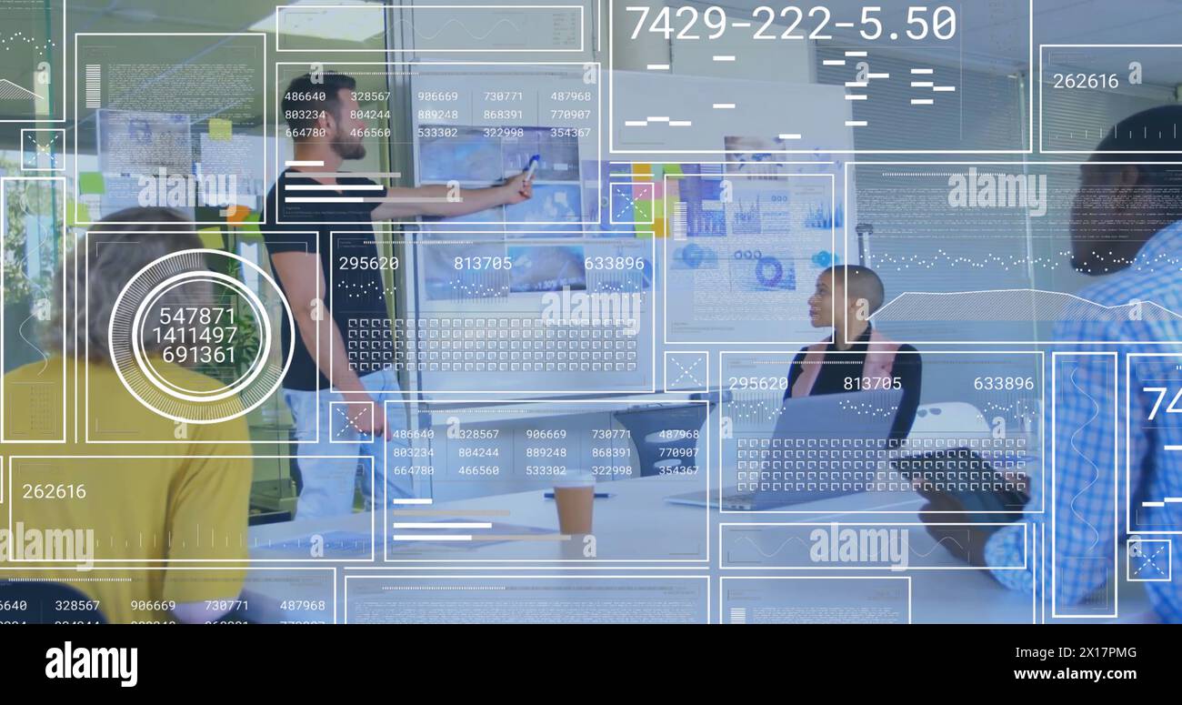 Image of data processing and statistics over diverse businesspeople in ...