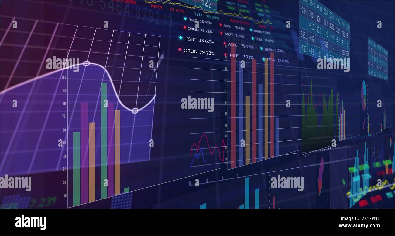 Image of statistics and financial data processing over grid Stock Photo
