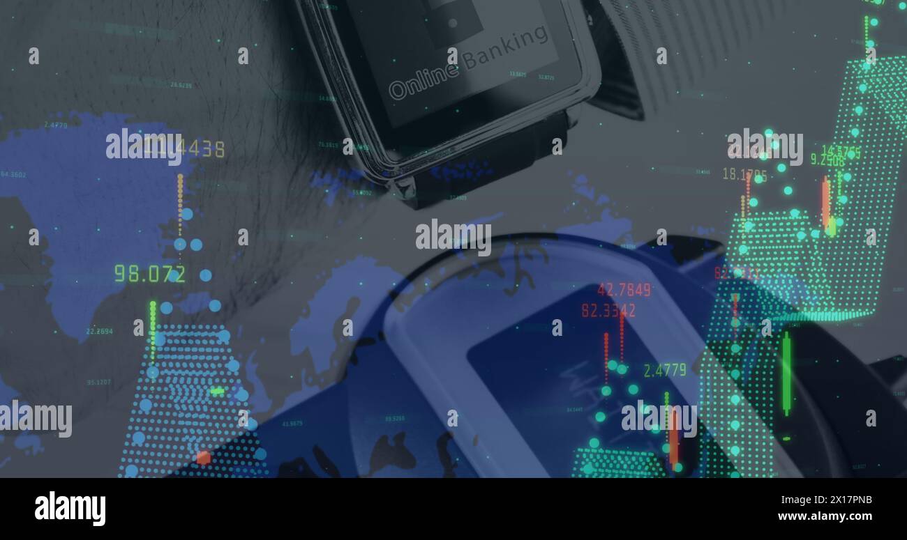 Image of financial data processing over payment terminal Stock Photo