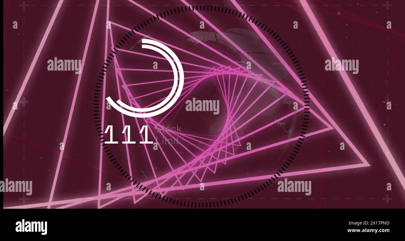 Image of data processing with globe over neon shapes on purple background Stock Photo