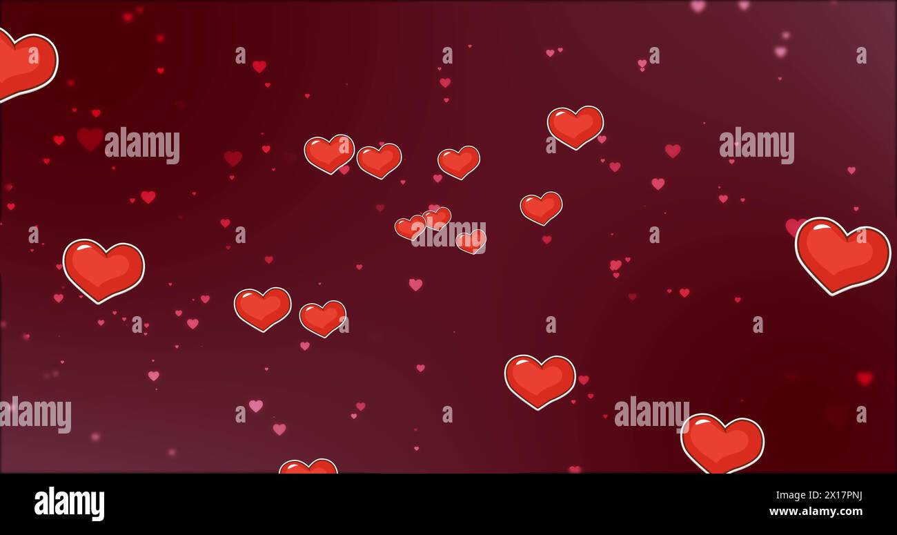 Image of hearts floating over red background Stock Photo