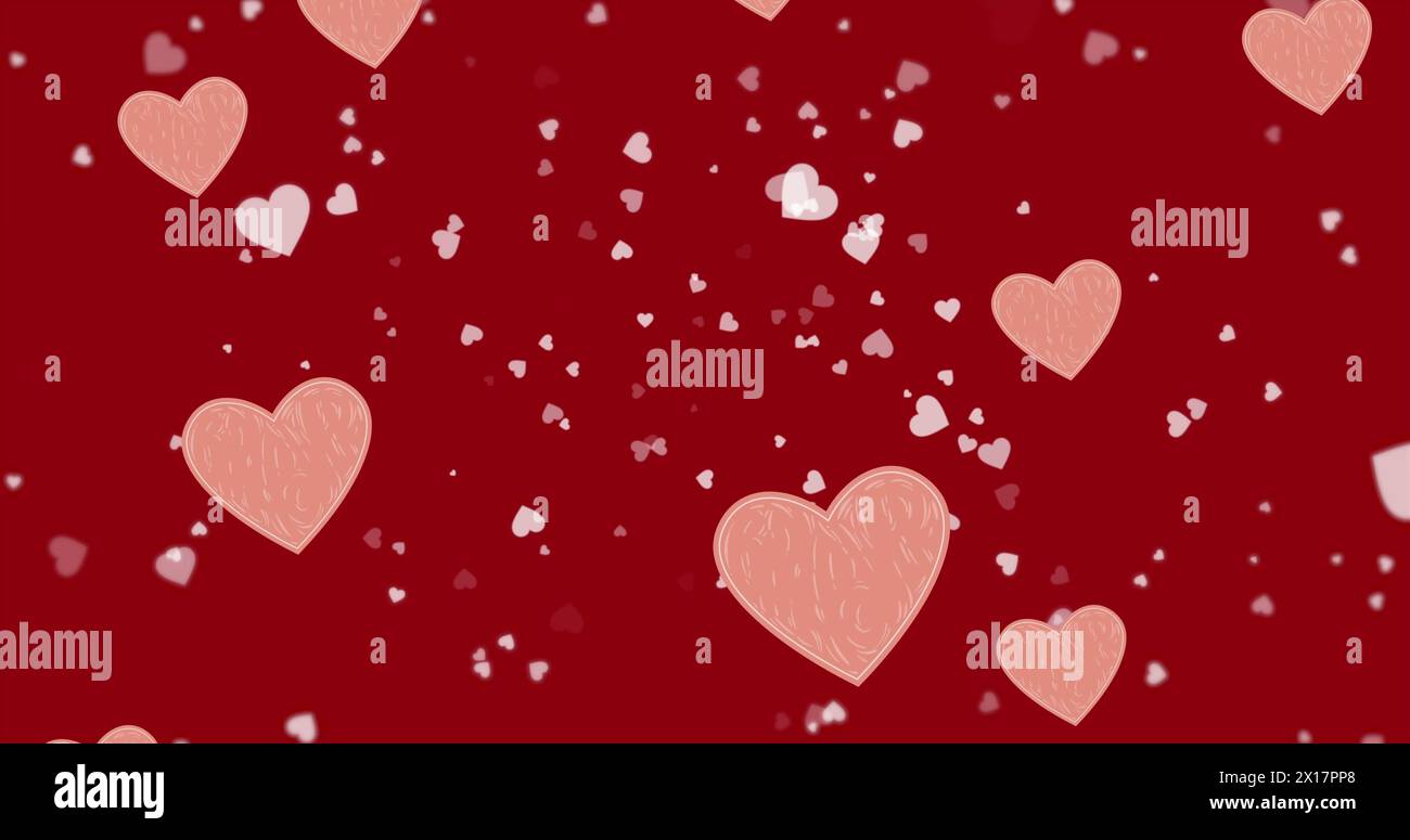 Image of hearts floating over red background Stock Photo