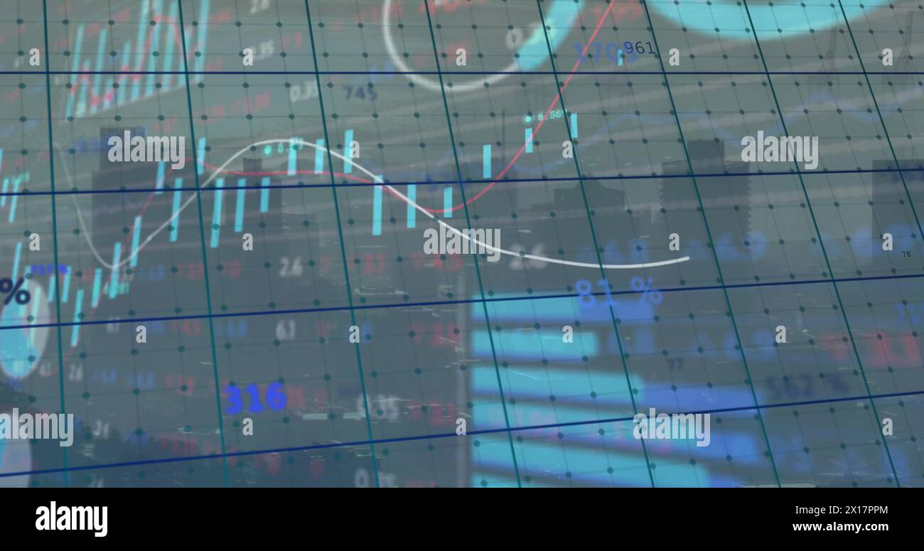 Image of data processing over cityscape Stock Photo