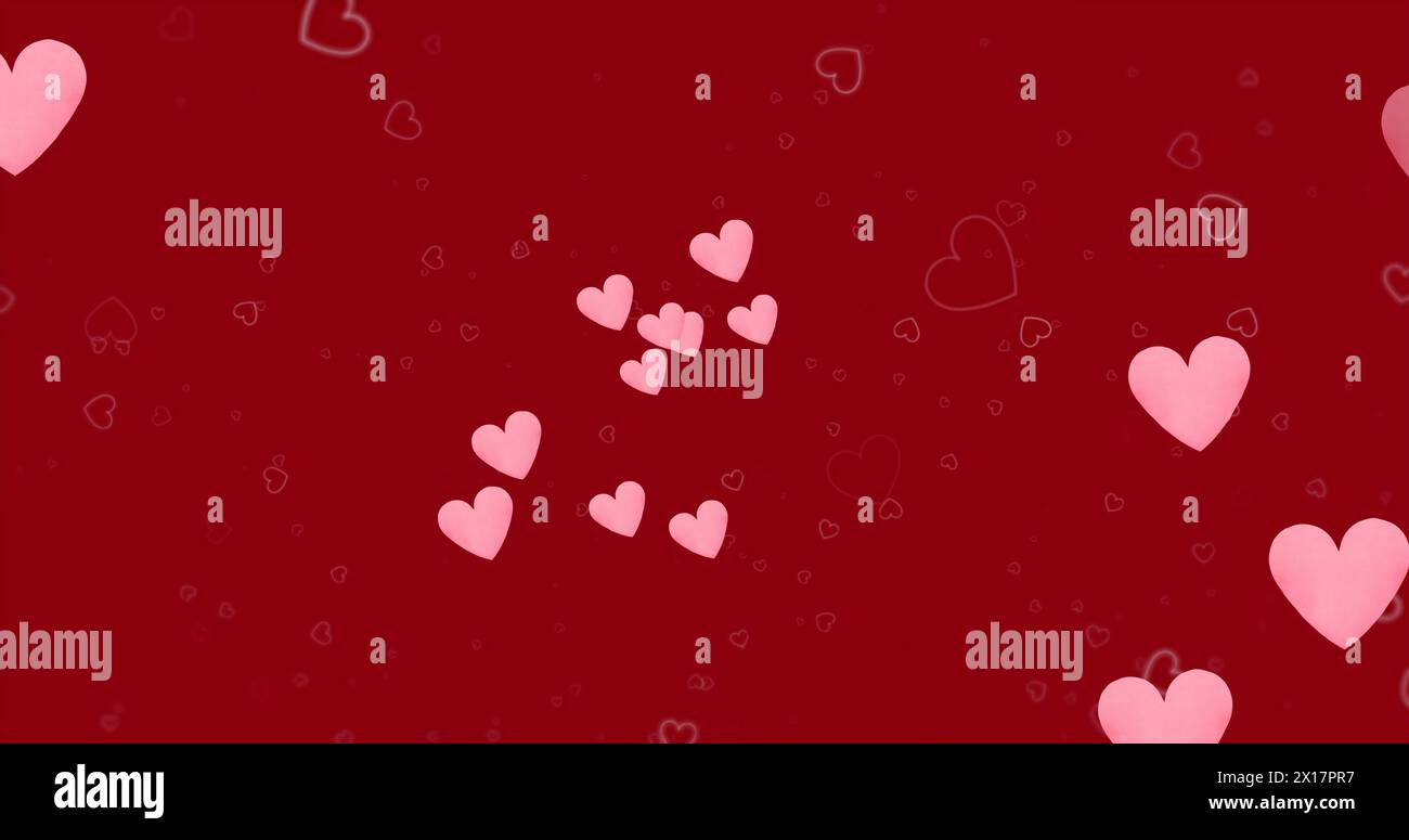 Image of hearts floating over red background Stock Photo