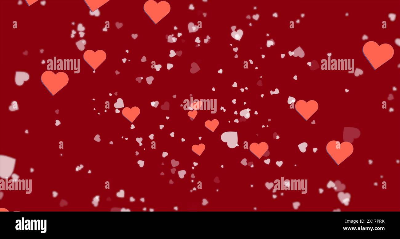 Image of hearts floating over red background Stock Photo