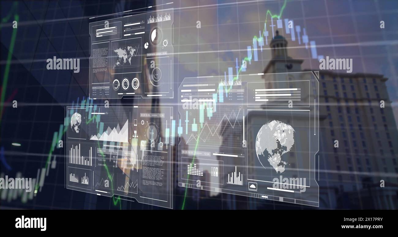 Image of data processing over cityscape Stock Photo