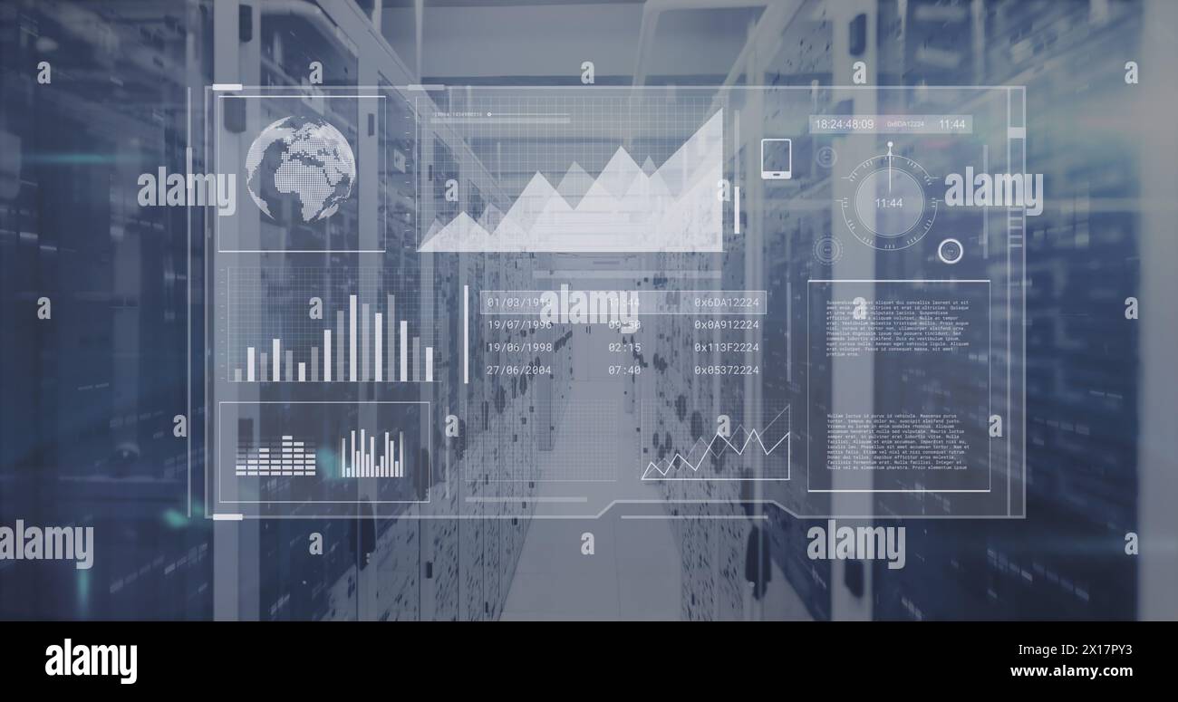 Image of digital screen with data processing over servers Stock Photo