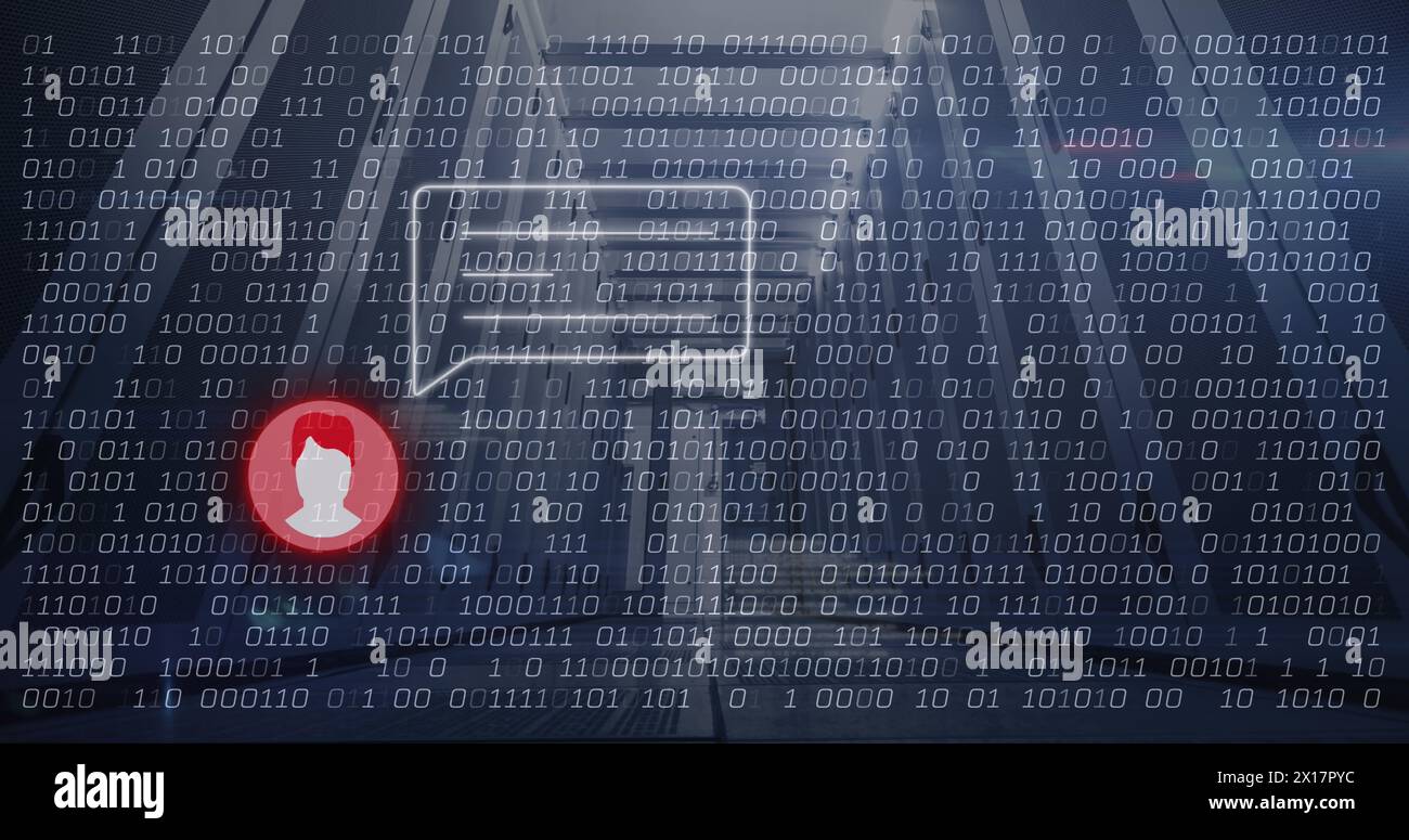 Image of message and binary code over servers Stock Photo