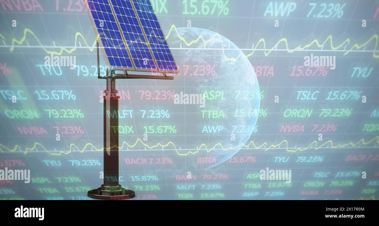 Image of financial data processing over solar panel and globe on blue background Stock Photo