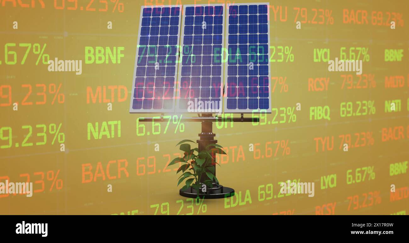 Image of financial data processing over solar panel on yellow background Stock Photo
