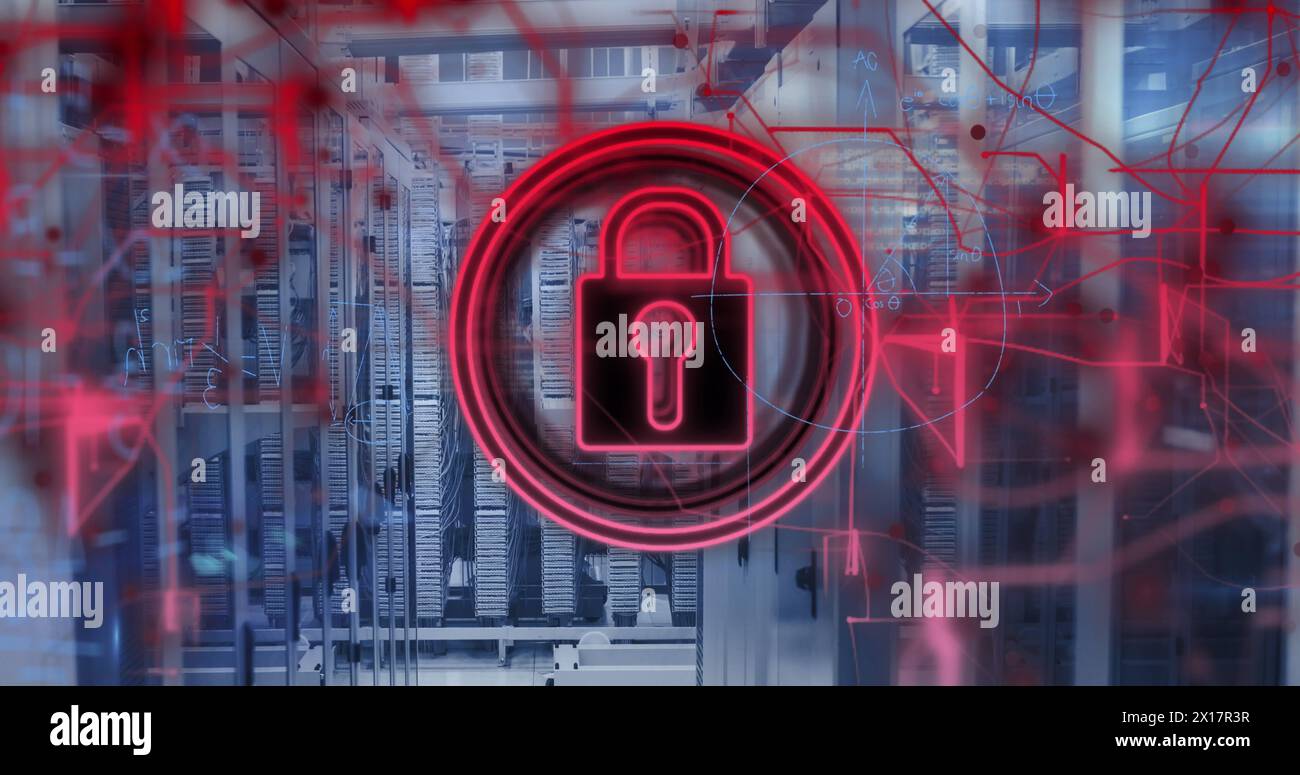 Image of data processing and padlock over server room Stock Photo - Alamy