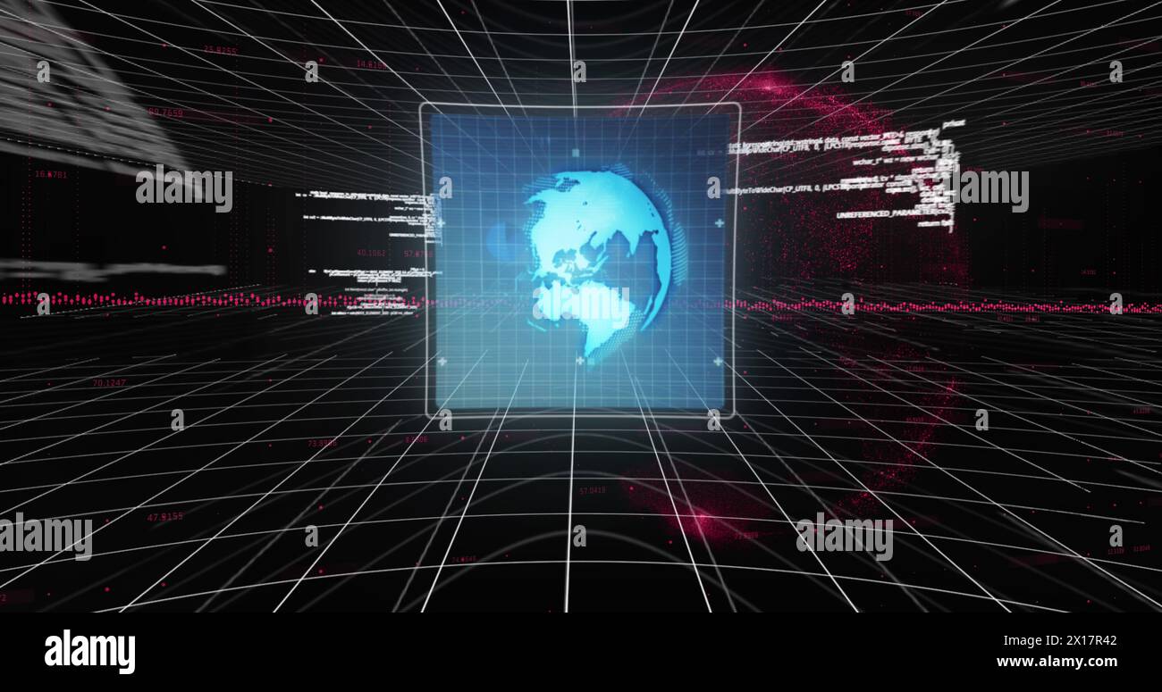 Image of globe, graphs and data processing on screens on black background Stock Photo